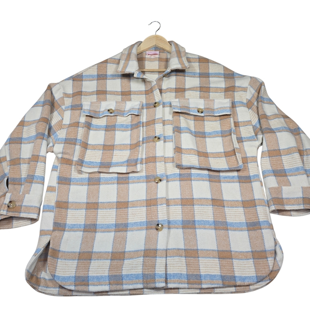 Pink Lily Plaid Wool Blend Oversized Shacket Tan/Blue Jacket, Women's Size XL